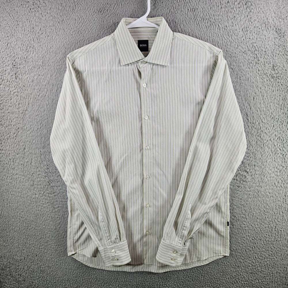 HUGO BOSS Mens Striped Button Up Dress Shirt Green White Size M Long Sleeve